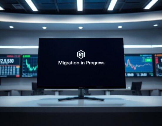 Cryptocurrency exchange interface showing INJ token migration status on a monitor in a professional trading environment.