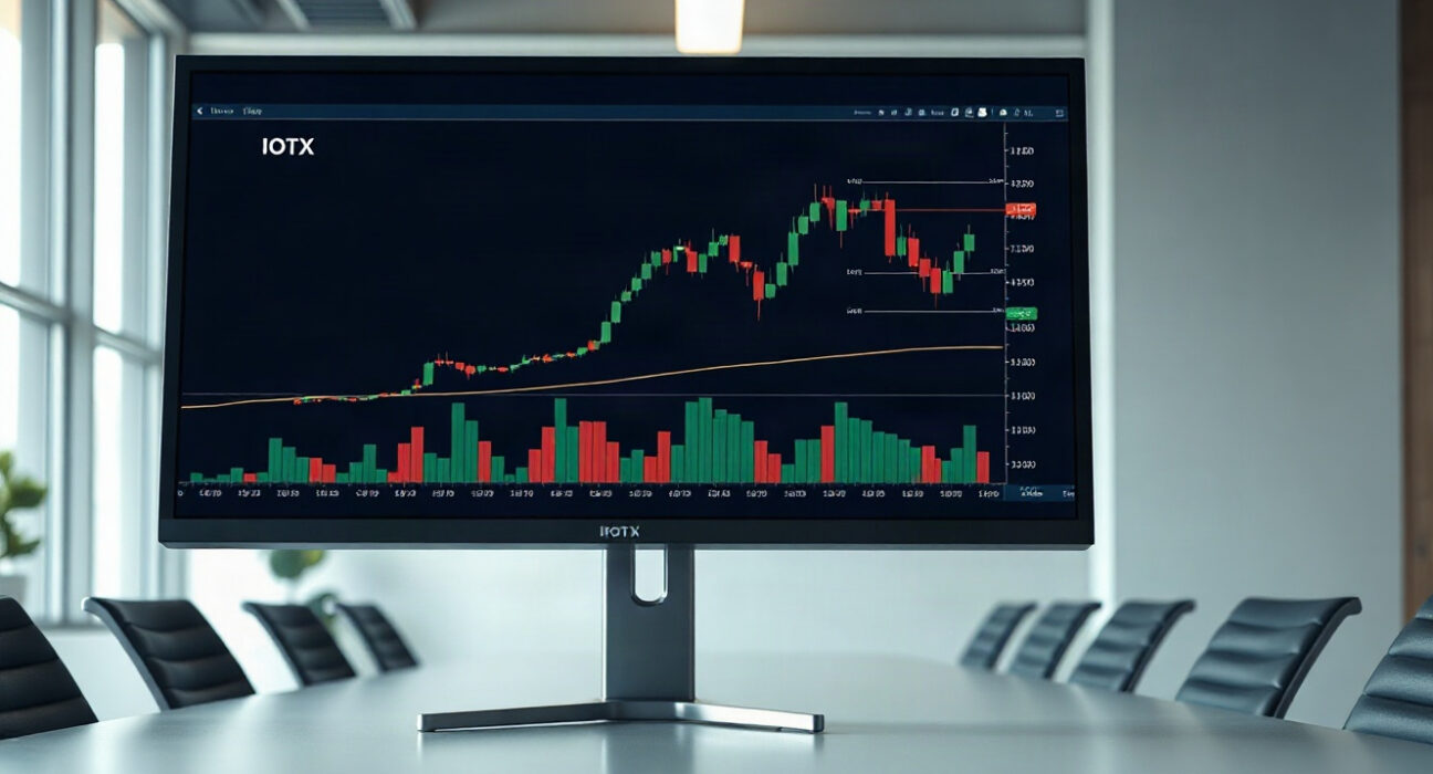 Coinbase trading interface showing IOTX chart with a downward trend