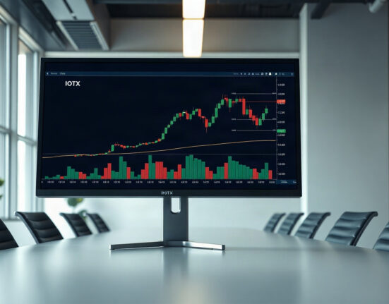 Coinbase trading interface showing IOTX chart with a downward trend
