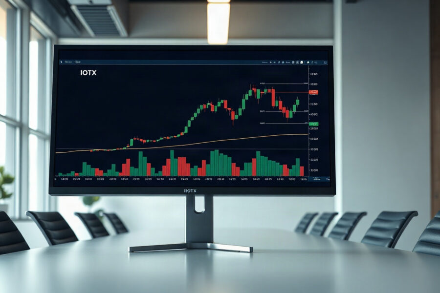 Coinbase trading interface showing IOTX chart with a downward trend