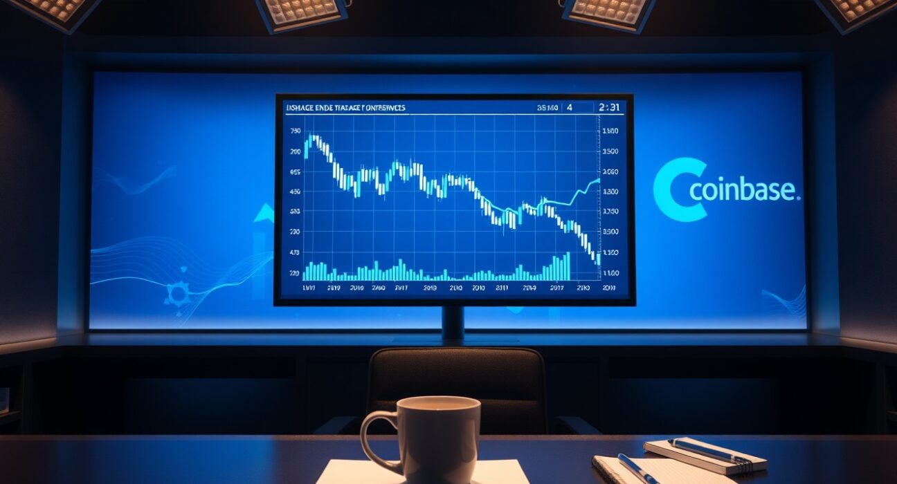 Coinbase trading suspension announcement displayed on a screen with a cryptocurrency price chart