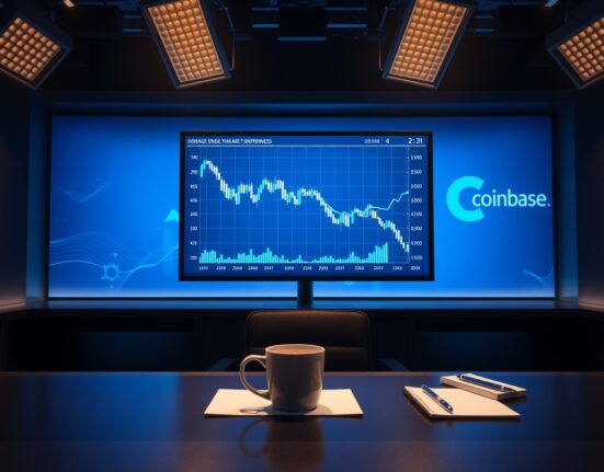 Coinbase trading suspension announcement displayed on a screen with a cryptocurrency price chart