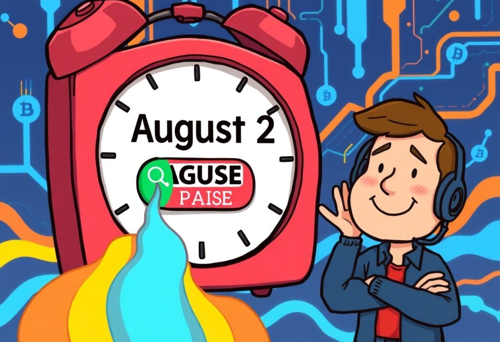 A cartoon illustration showing a paused Coinbase system upgrade, symbolizing continuous service for users.