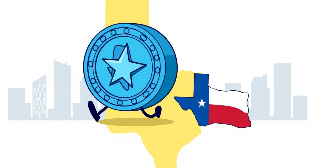 Cartoon illustration symbolizing Coinbase Texas incorporation as a coin moving to the Lone Star State.