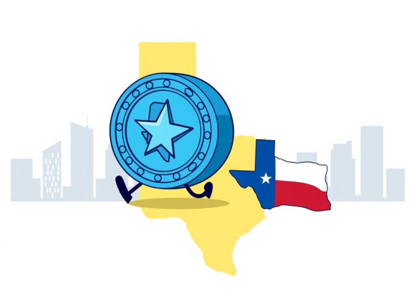 Cartoon illustration symbolizing Coinbase Texas incorporation as a coin moving to the Lone Star State.
