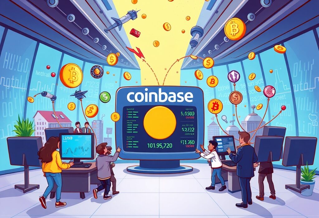 A cartoon illustration showing the revolutionary integration of Coinbase tokenized stocks and prediction markets into a unified crypto trading platform.
