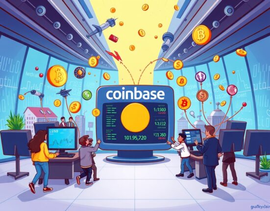 A cartoon illustration showing the revolutionary integration of Coinbase tokenized stocks and prediction markets into a unified crypto trading platform.