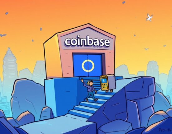 An illustration depicting Coinbase's platform welcoming the Towns Protocol token, signifying its new listing and accessibility.