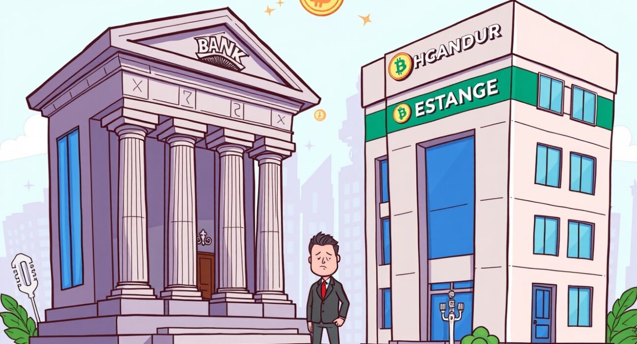 A cartoon illustration showing the conflict between traditional banking and cryptocurrency, symbolizing the opposition to Coinbase trust bank charter.