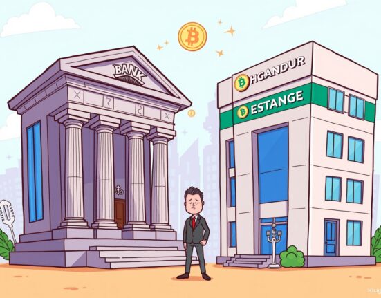 A cartoon illustration showing the conflict between traditional banking and cryptocurrency, symbolizing the opposition to Coinbase trust bank charter.