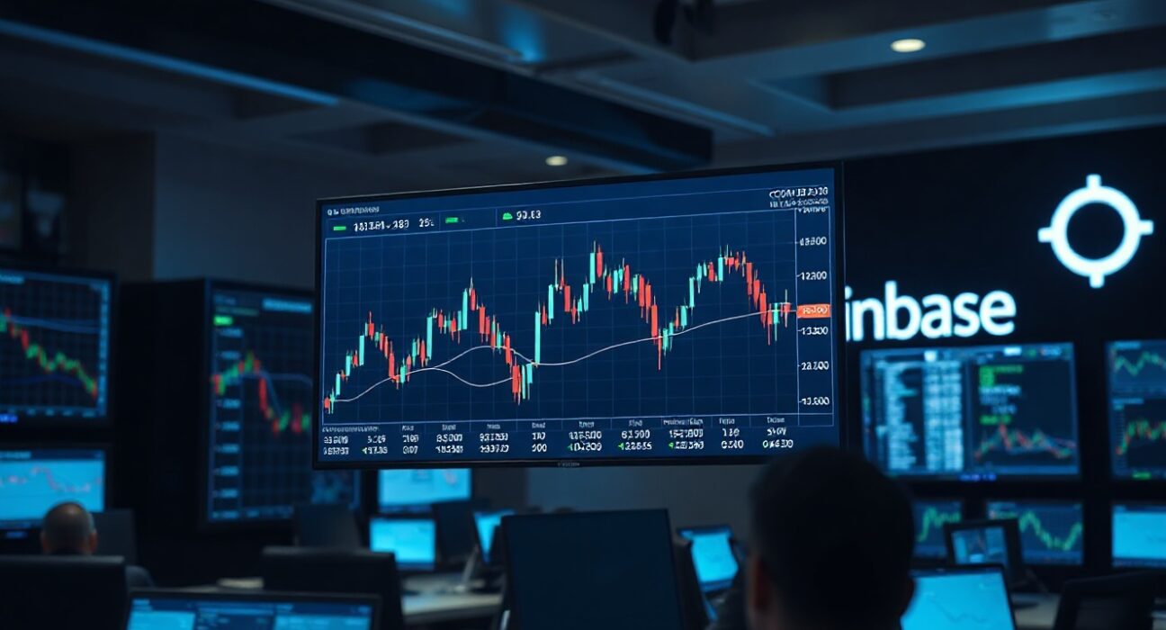 Trading screens showing cryptocurrency charts in a professional setting, representing Coinbase's UK derivatives launch.