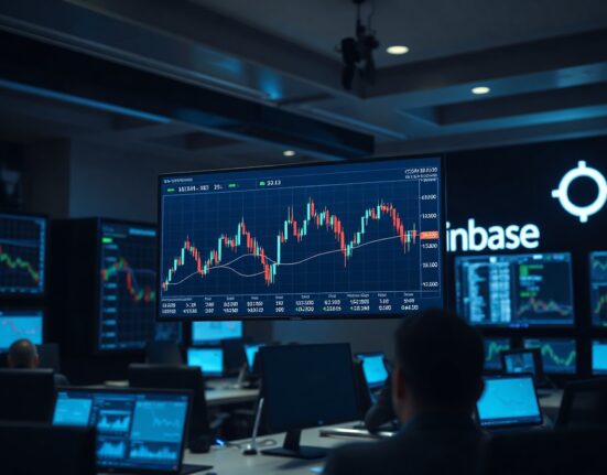 Trading screens showing cryptocurrency charts in a professional setting, representing Coinbase's UK derivatives launch.