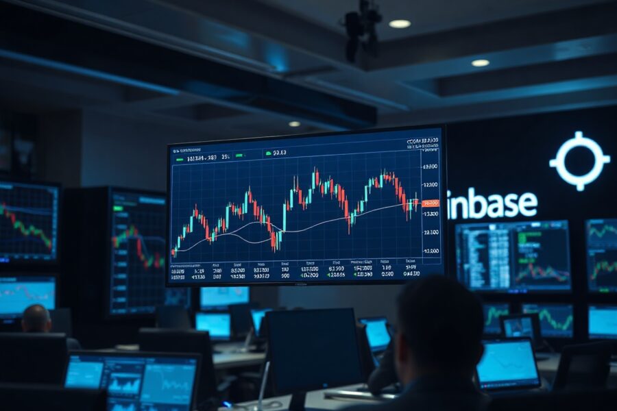 Trading screens showing cryptocurrency charts in a professional setting, representing Coinbase's UK derivatives launch.