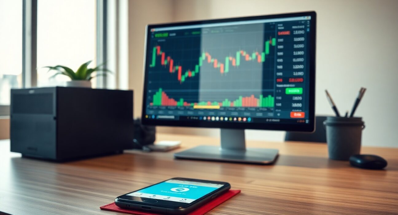 Smartphone showing stock trading chart in front of London financial district