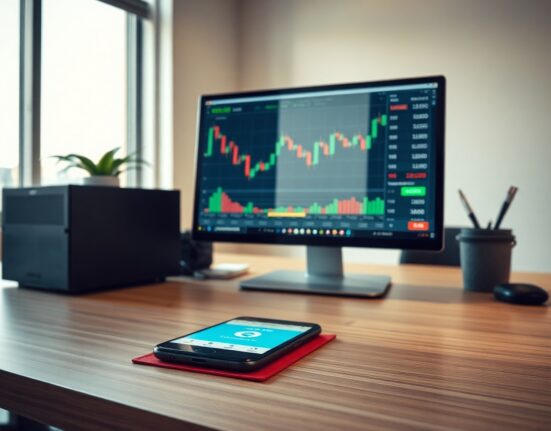 Smartphone showing stock trading chart in front of London financial district
