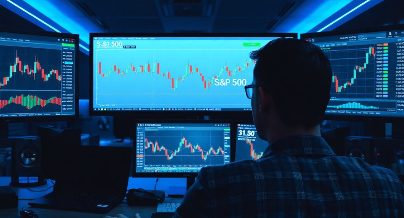 Trader monitors S&P 500 chart on a screen in a professional trading environment