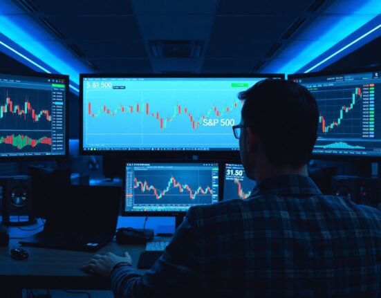 Trader monitors S&P 500 chart on a screen in a professional trading environment