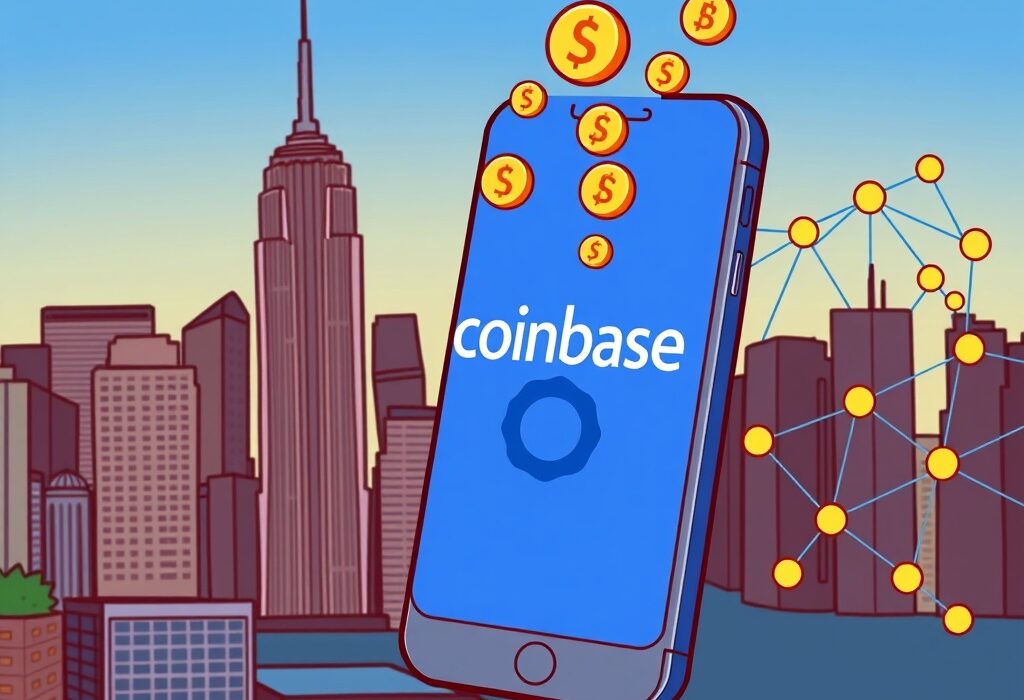Cartoon illustration symbolizing efficient Coinbase USDC Base transactions expanding for New York residents, enhancing digital finance access.