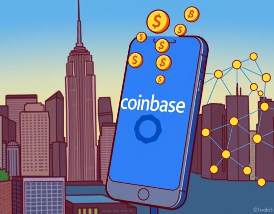 Cartoon illustration symbolizing efficient Coinbase USDC Base transactions expanding for New York residents, enhancing digital finance access.