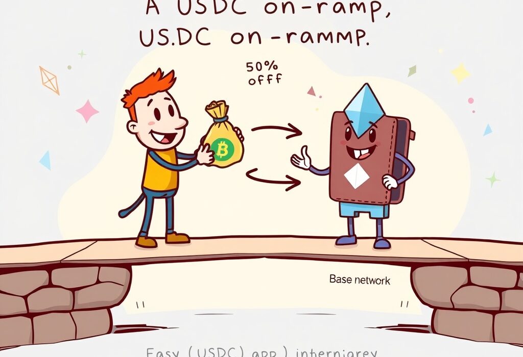 Cartoon illustration showing reduced Coinbase USDC fees for MetaMask users accessing the Base network, making crypto on-ramp easier.