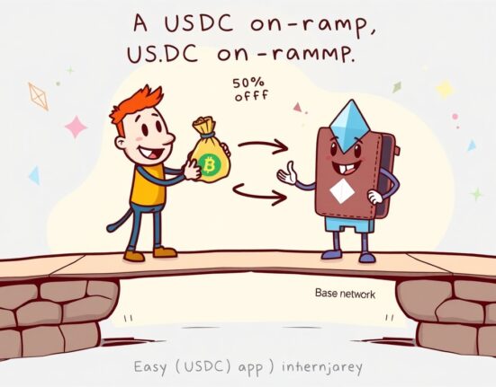 Cartoon illustration showing reduced Coinbase USDC fees for MetaMask users accessing the Base network, making crypto on-ramp easier.