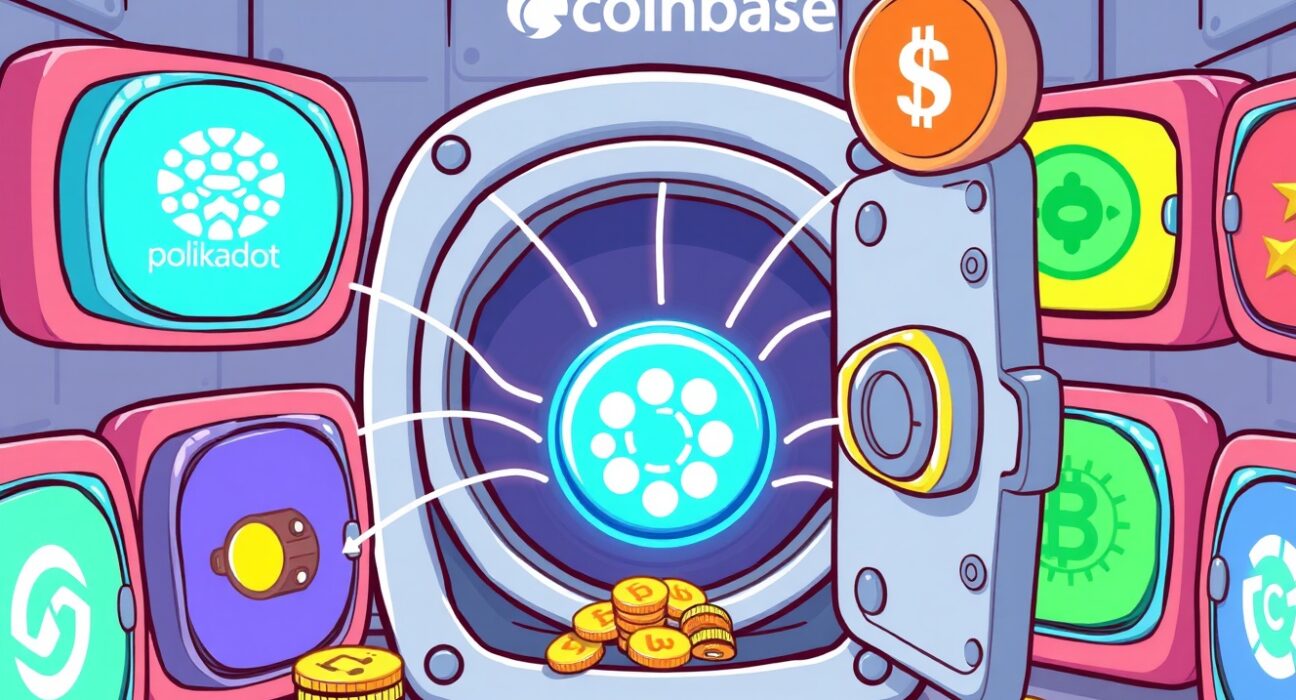 Coinbase enables USDC stablecoin transfers on the vibrant Polkadot network in a cartoon illustration.