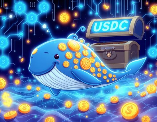 A cartoon whale symbolizing a large USDC transfer moving between digital exchanges.