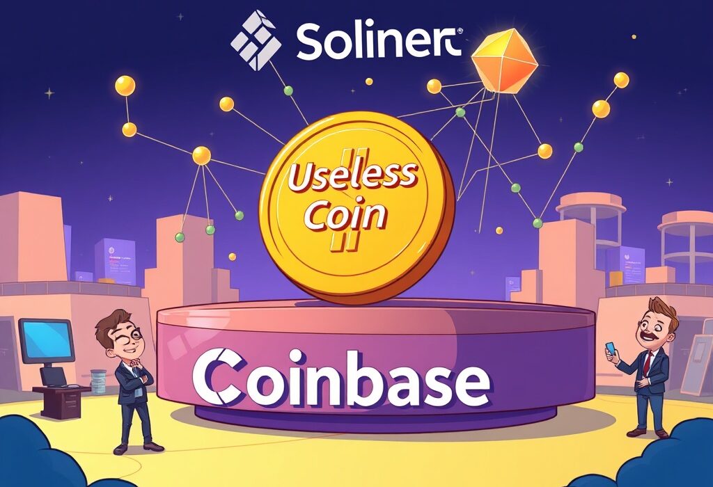 A cartoon illustration depicting the exciting Coinbase Useless Coin listing on the Solana blockchain, symbolizing new trading opportunities for users.