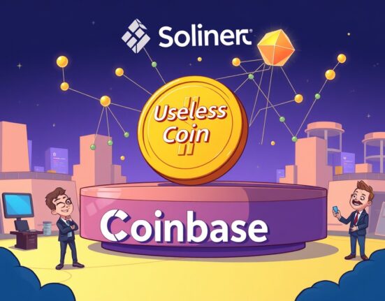 A cartoon illustration depicting the exciting Coinbase Useless Coin listing on the Solana blockchain, symbolizing new trading opportunities for users.
