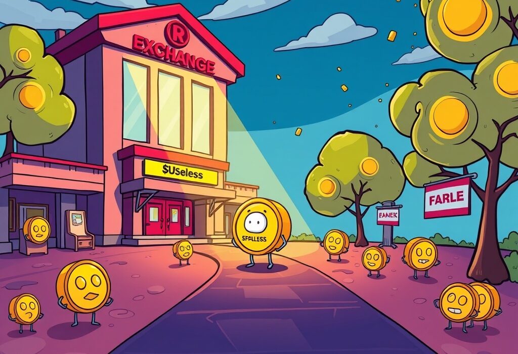 A cartoon illustration showing the significant impact of a potential Coinbase USELESS listing on the crypto market.