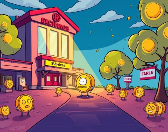 A cartoon illustration showing the significant impact of a potential Coinbase USELESS listing on the crypto market.