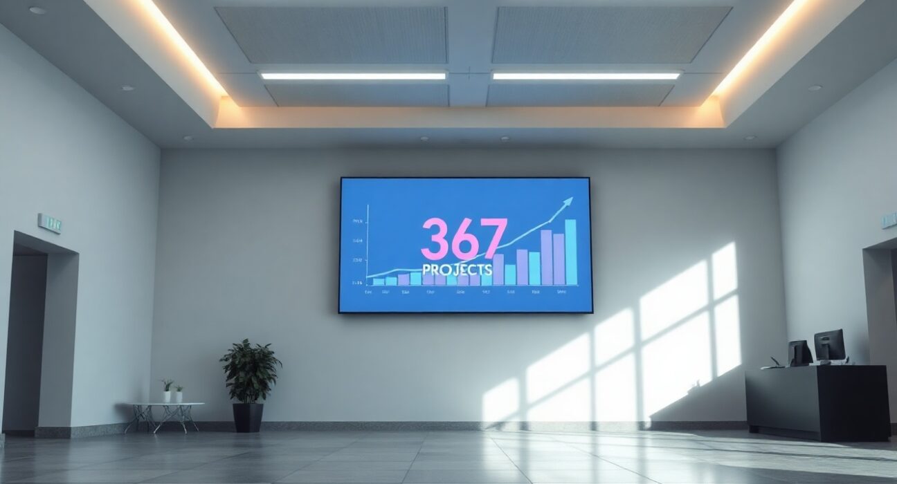 Digital display showing Coinbase Ventures investment network with 367 connected nodes in a modern corporate lobby