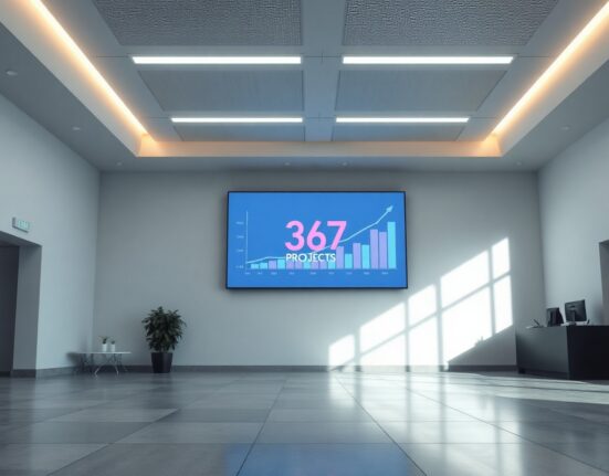 Digital display showing Coinbase Ventures investment network with 367 connected nodes in a modern corporate lobby