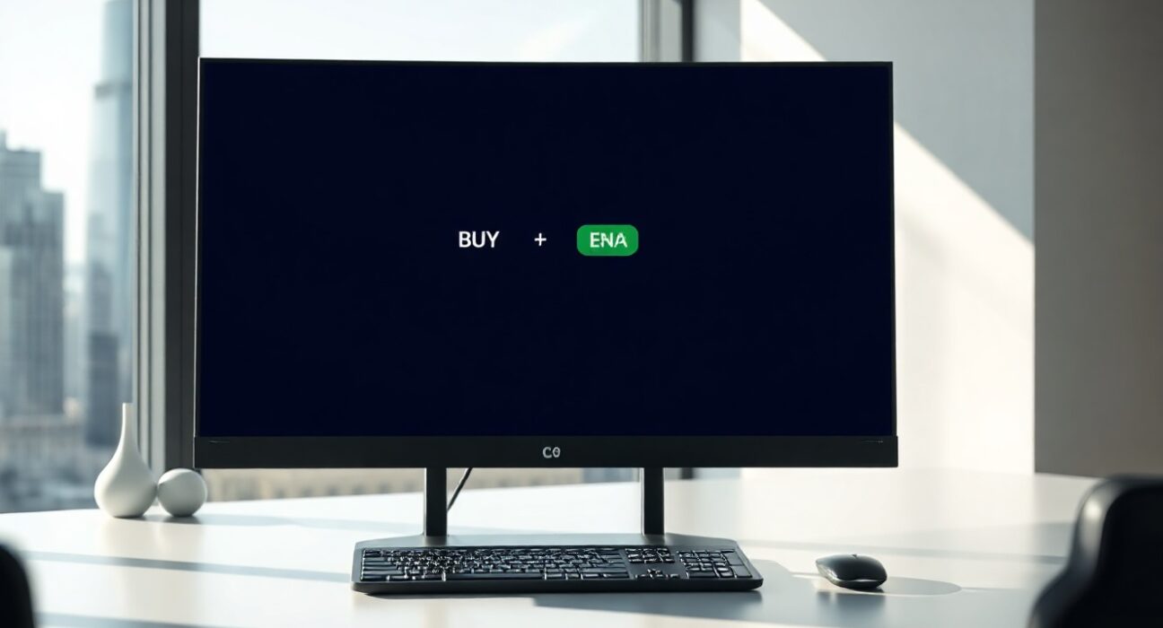 Coinbase Ventures buys ENA tokens on open market, trading interface displayed on monitor.