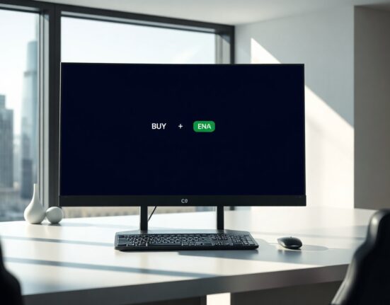 Coinbase Ventures buys ENA tokens on open market, trading interface displayed on monitor.