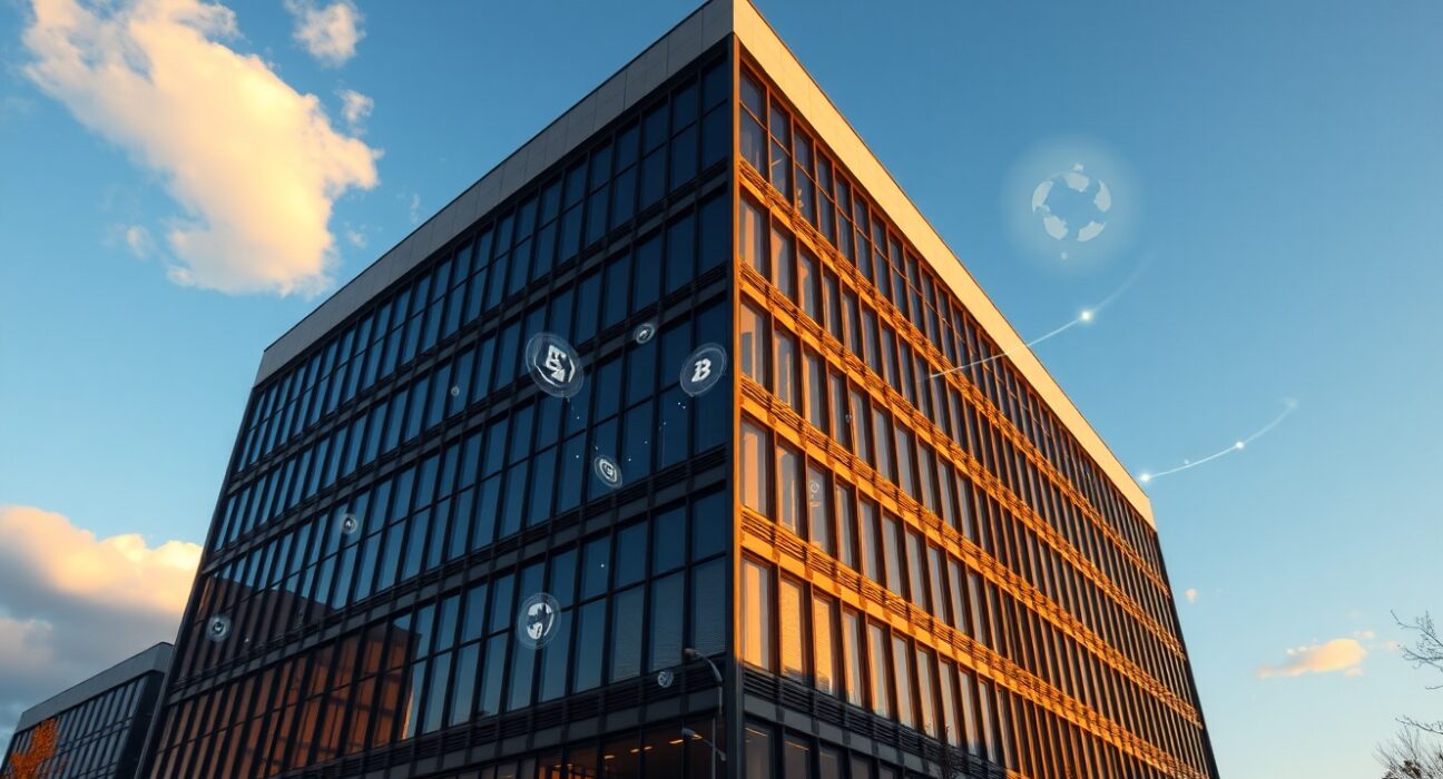 Modern office building with digital blockchain and asset token overlays representing RWA tokenization