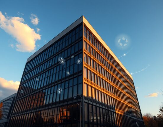 Modern office building with digital blockchain and asset token overlays representing RWA tokenization