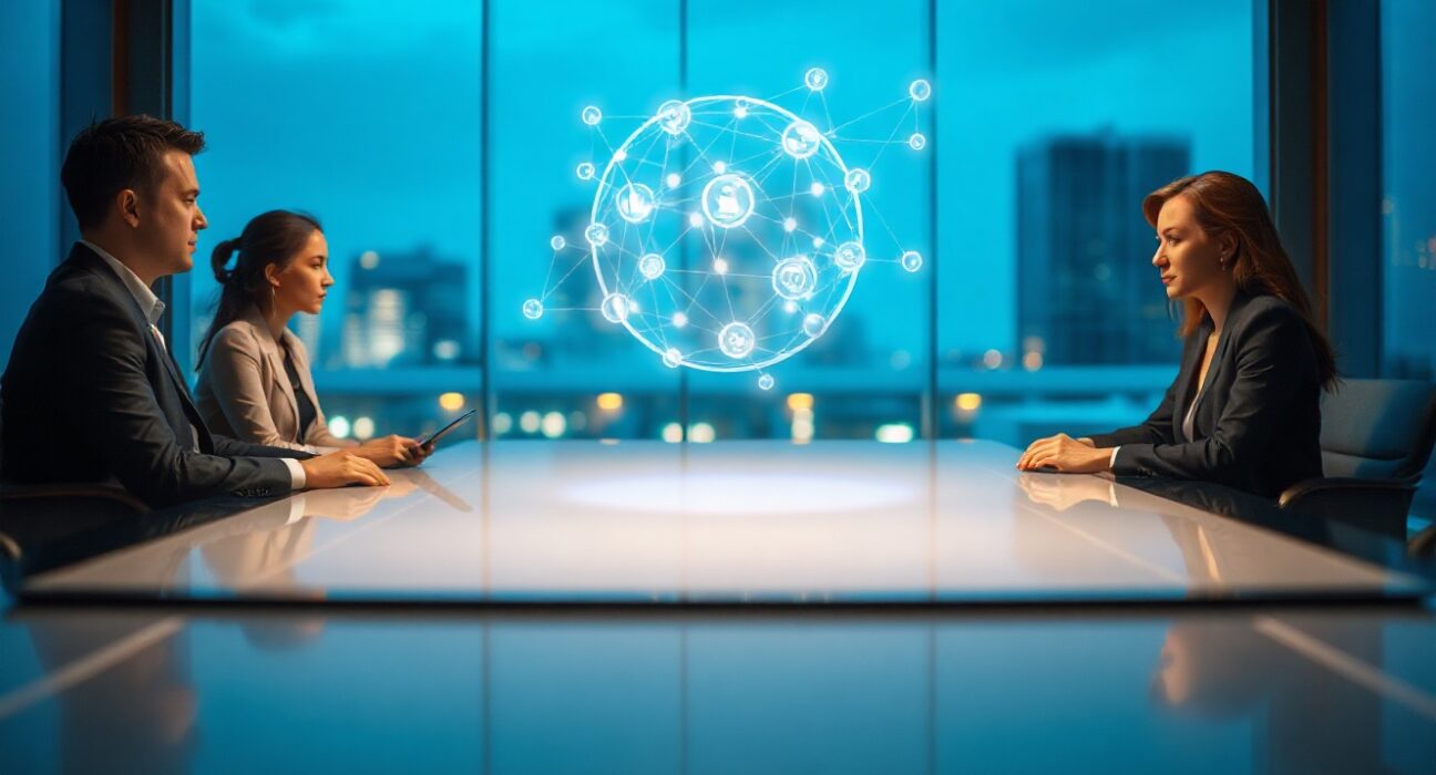Corporate boardroom with holographic decentralized network projection representing Re's blockchain-based reinsurance protocol