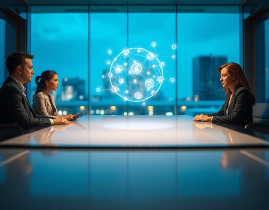 Corporate boardroom with holographic decentralized network projection representing Re's blockchain-based reinsurance protocol