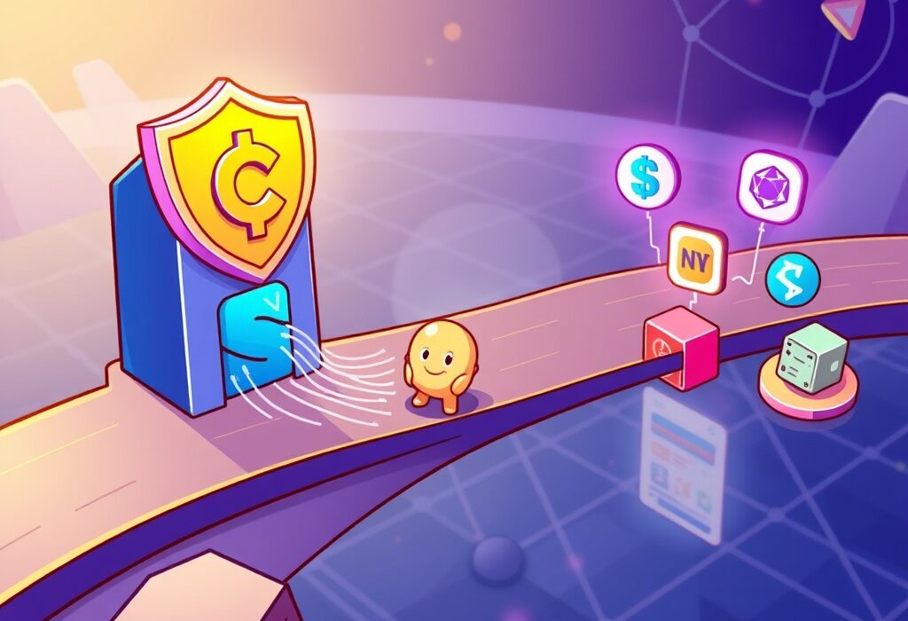 Cartoon illustration of a seamless bridge connecting Coinbase to dApps, symbolizing enhanced Coinbase WalletConnect support.