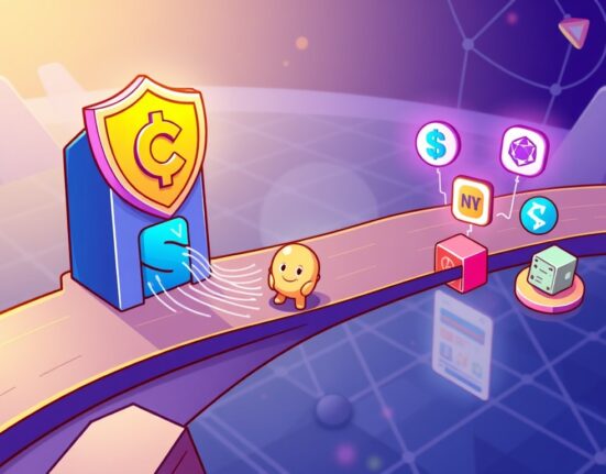 Cartoon illustration of a seamless bridge connecting Coinbase to dApps, symbolizing enhanced Coinbase WalletConnect support.
