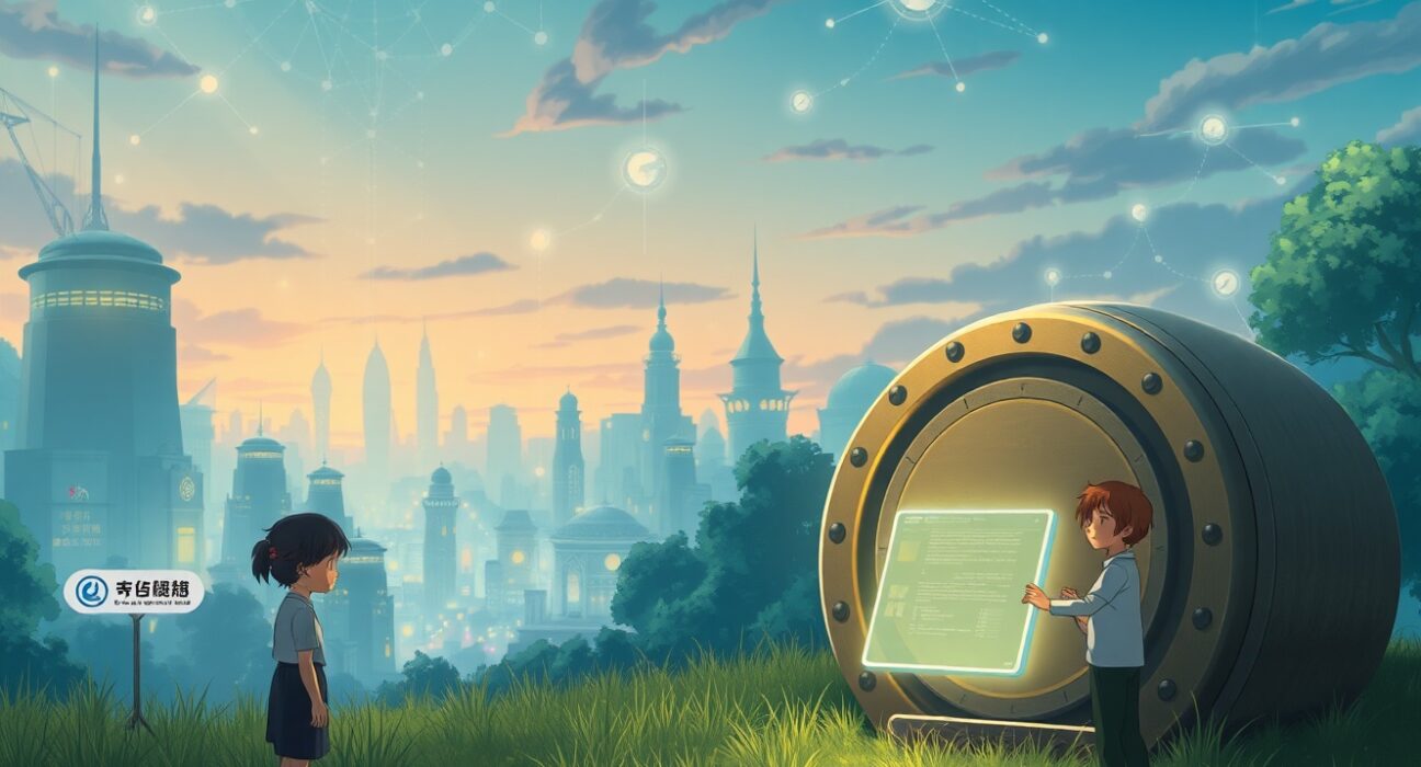 Conceptual Ghibli-style art representing secure digital assets during a Coinbase website technical disruption.