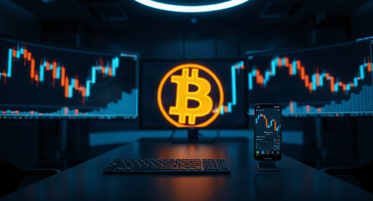 Modern trading desk with monitors showing crypto charts and a smartphone with a trading app, representing Coinbase and Webull partnership.