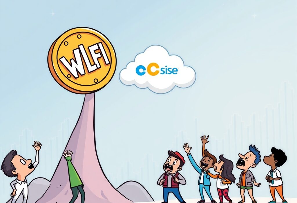 A cartoon illustration showing the significant impact of the Coinbase WLFI listing on the cryptocurrency market, with a WLFI coin rising towards the Coinbase logo.