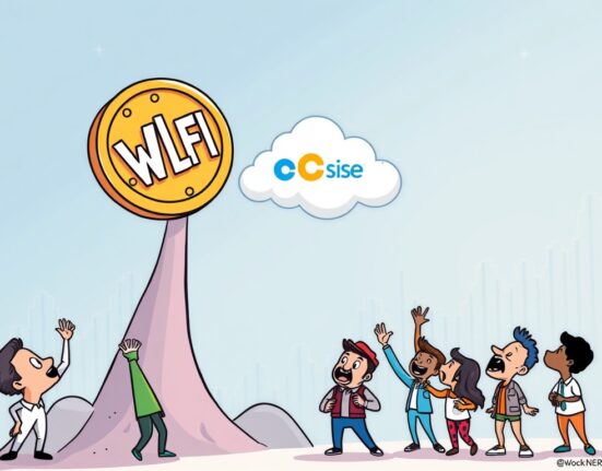 A cartoon illustration showing the significant impact of the Coinbase WLFI listing on the cryptocurrency market, with a WLFI coin rising towards the Coinbase logo.