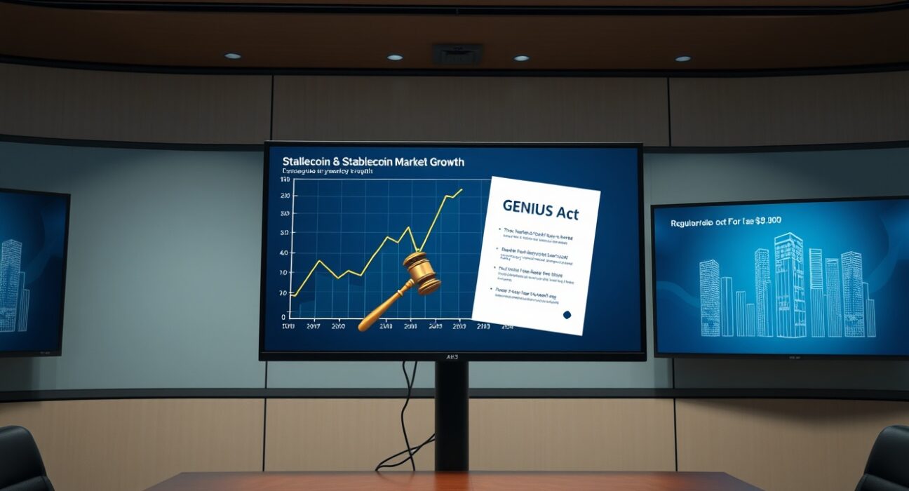 Newsroom with digital screen showing stablecoin regulation and GENIUS Act document