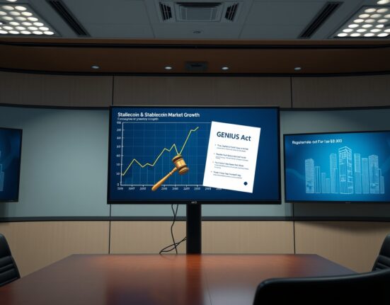 Newsroom with digital screen showing stablecoin regulation and GENIUS Act document