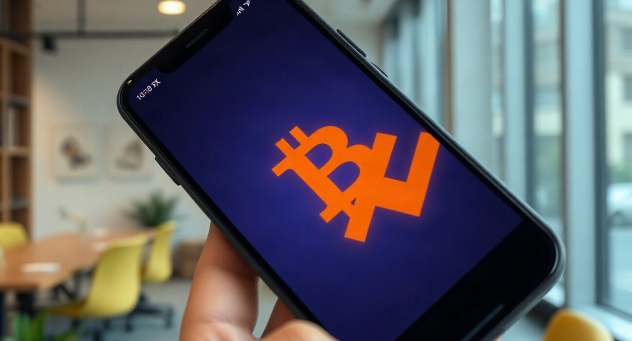 Smartphone displaying X app with a faded Bitcoin emoji in a hashtag
