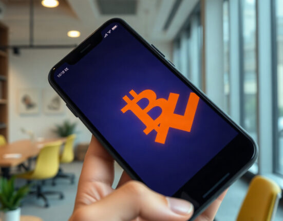 Smartphone displaying X app with a faded Bitcoin emoji in a hashtag