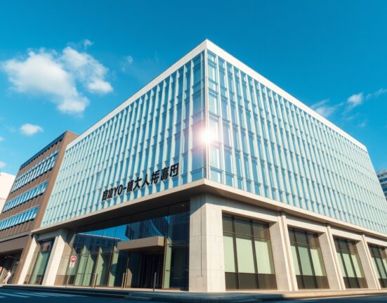 Exterior of the Tokyo Stock Exchange building with digital blockchain data overlay on a sunny day.